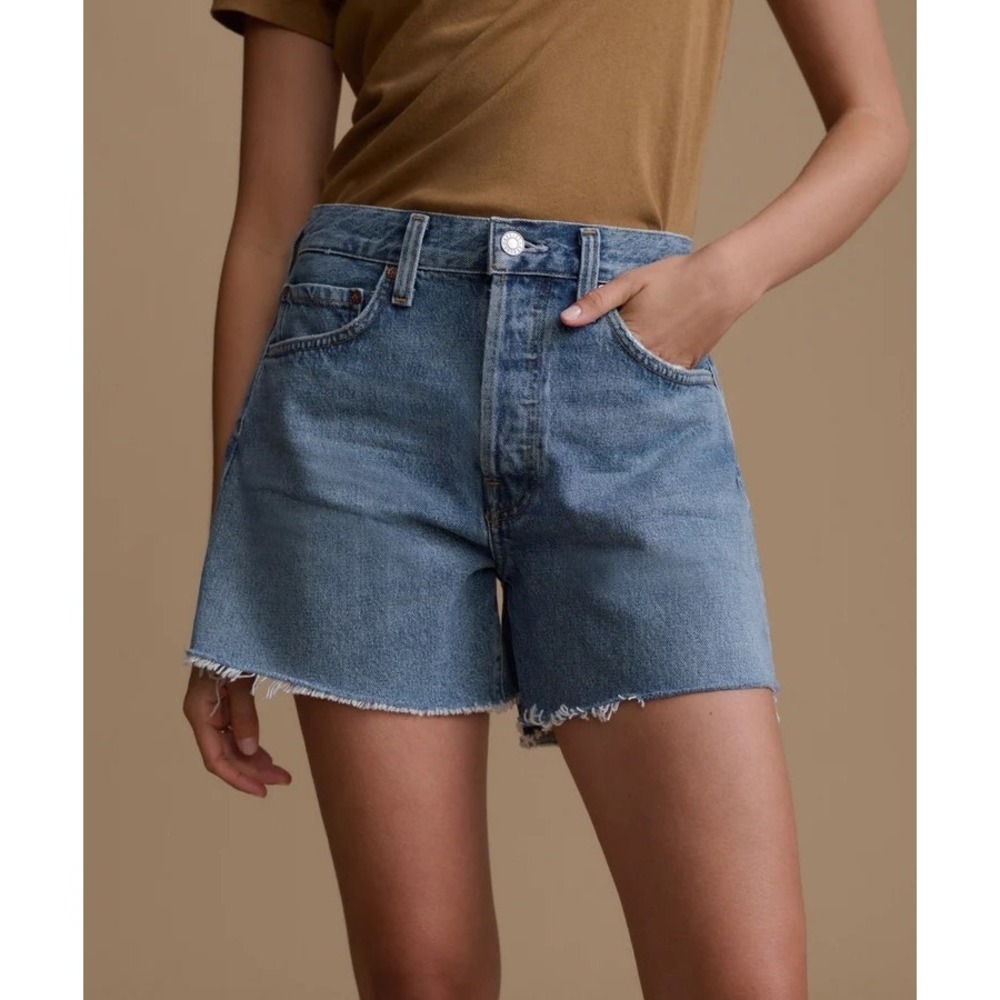 AGOLDE Parker Long Shorts 27 Skywave Blue Denim Raw Hem Button Fly Cotton